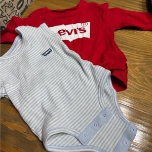 Levi's Red Logo Top & Light Blue Striped One-Piece Bodysuit Set